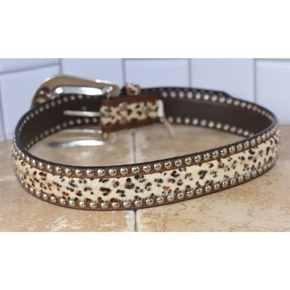 NOCONA Leather Belt Calf Hair Studded Embellishments Western Buckle Size S - Picture 5 of 7
